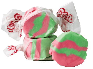 Taffy Town Kiwi Strawberry Taffy – Soft Strawberry Kiwi flavored salt water taffy with pink and green swirls.